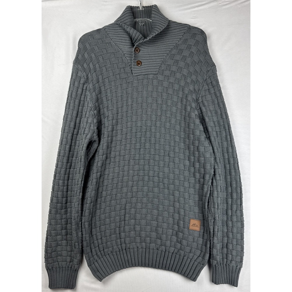 Men's XL Gray Textured Knit Sweater Waffle Weave Henley Mock Neck Mountain Patch